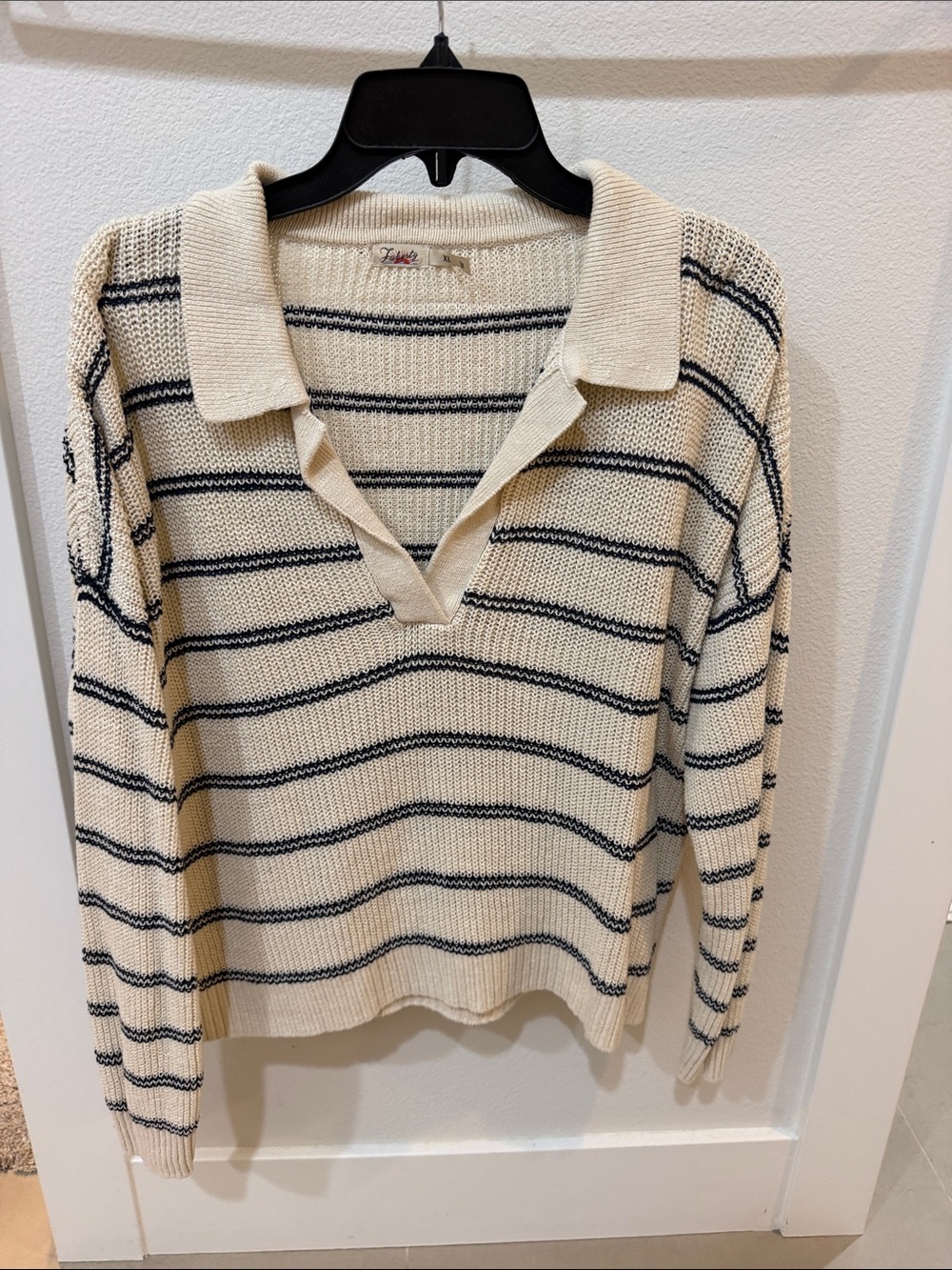 Faherty Cream V-Neck Polo Sweater with Navy Stripes